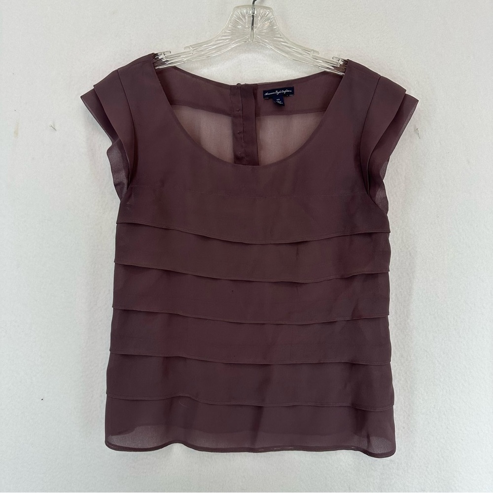 American Eagle Ruffled Tiered Sheer Short Sleeve Blouse Petite Small Purple
